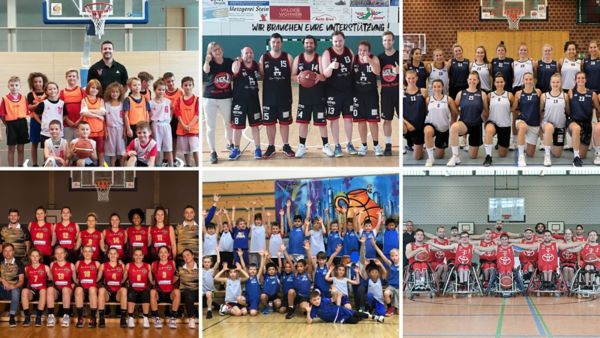 Bild-Collage mit Sportteams, die aufgereiht für die Kamera posieren.